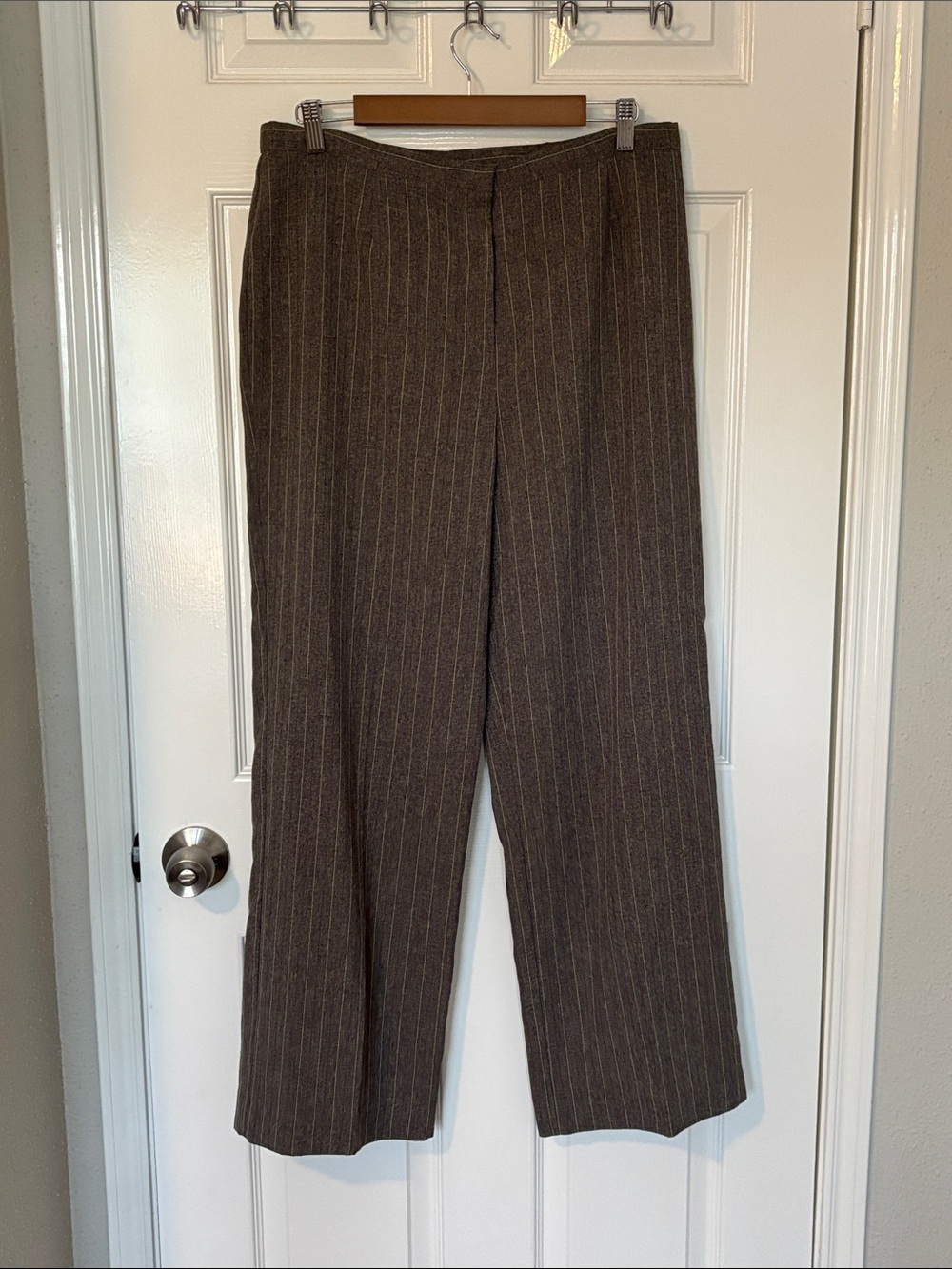 Gray-brown wide leg dress pants with white and purple pinstripes size 16